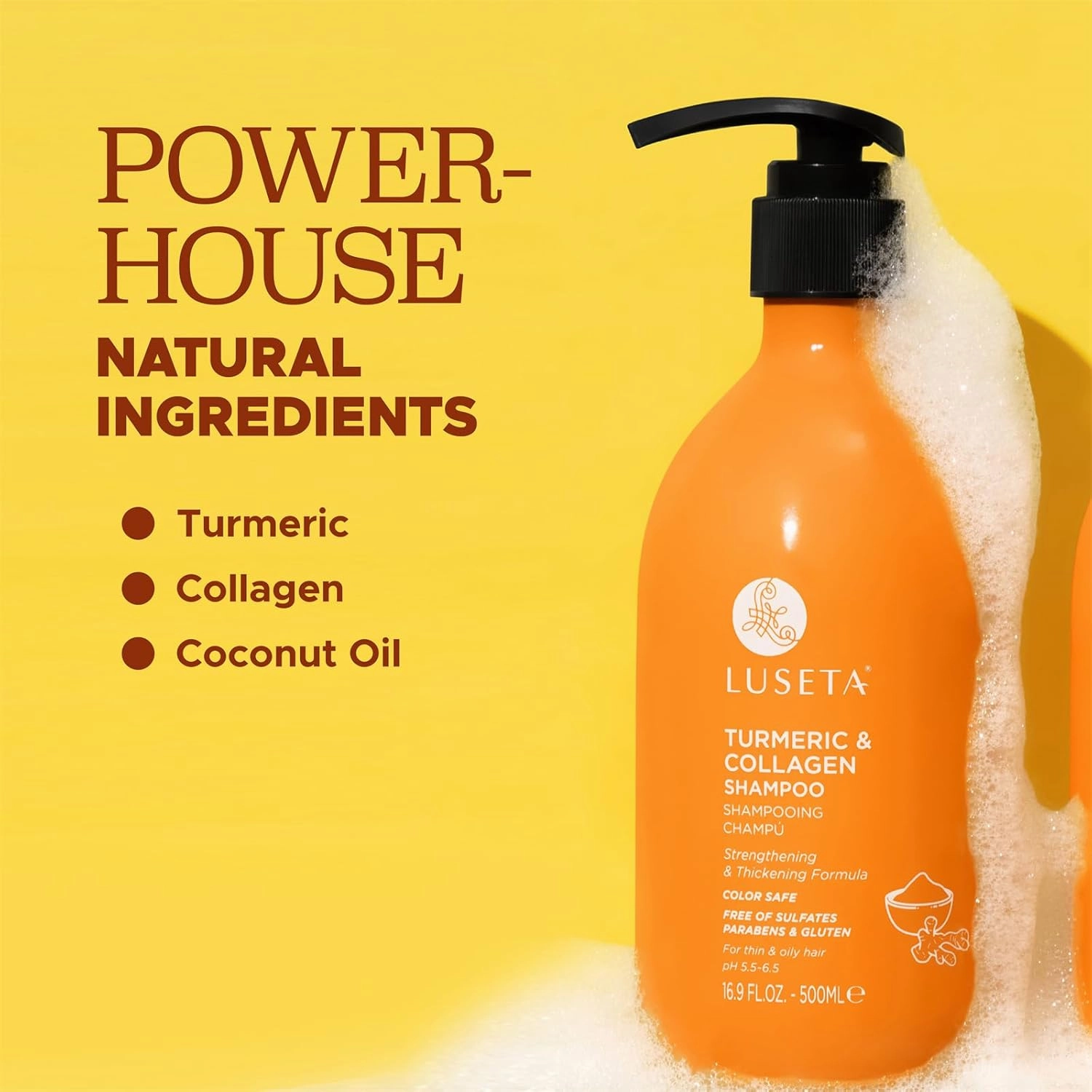 Luseta Hair Growth Shampoo with Turmeric & Collagen, Thickening Volumizing Shampoo for Women and Men with Thinning or Oily Hair, Color Safe, Sulfate and Paraben Free, 16.9 Oz