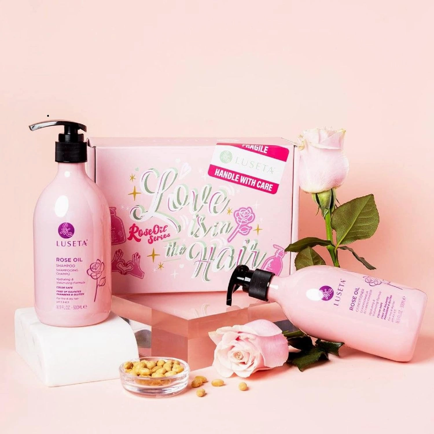 Luseta Rose Oil Shampoo and Conditioner for Volumizing & Hydrating - Color safe, gluten-free, sulfate-free, paraben-free, cruelty free and Vegan