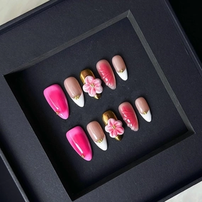 Luxury Press on Nails Medium Almond Handmade 3D Unique Reusable ABS Material Fake Nails White French Tip False Nails with Designs Pink Flower Art Petal Glossy Glue on Nails Thick Acrylic Nails(M)