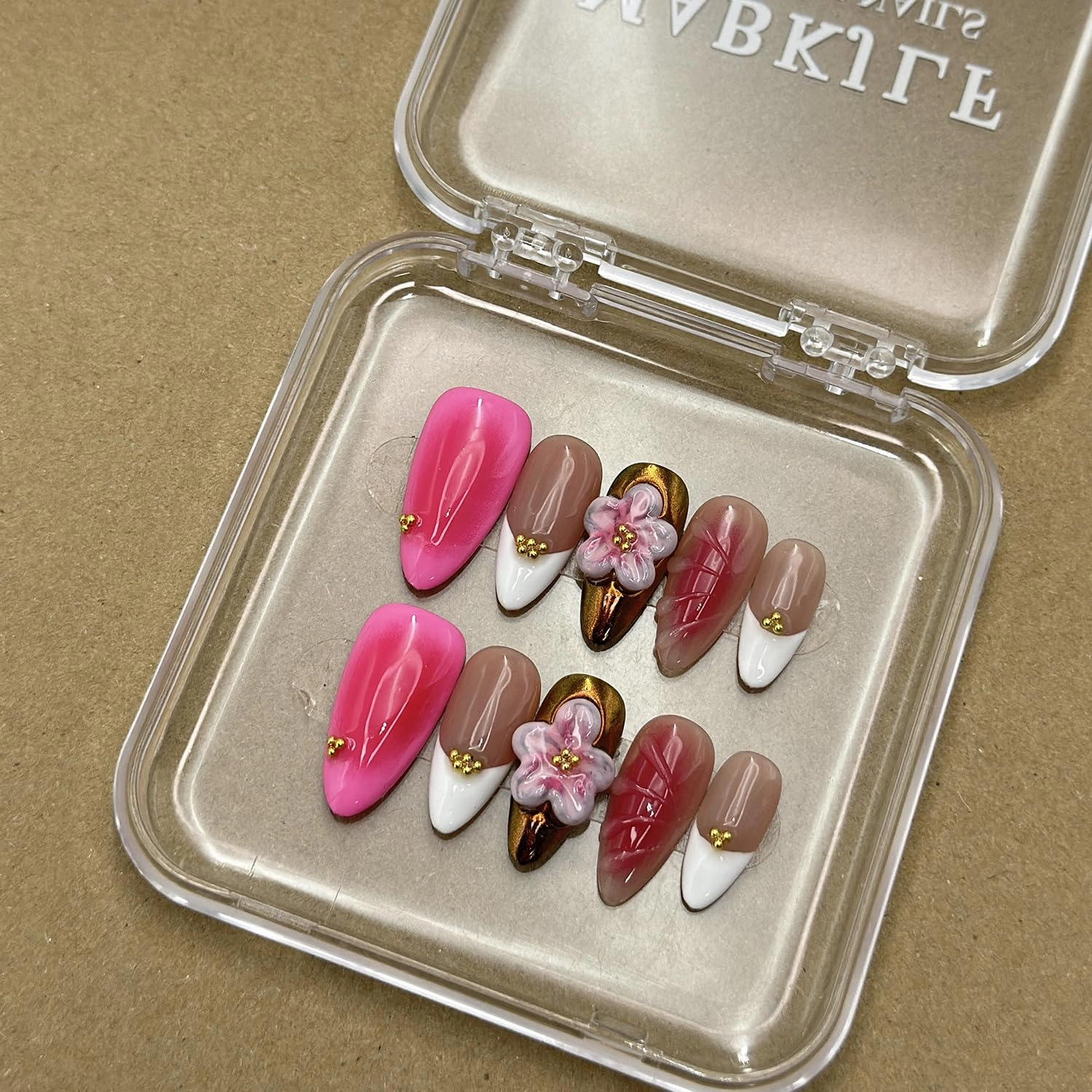 Luxury Press on Nails Medium Almond Handmade 3D Unique Reusable ABS Material Fake Nails White French Tip False Nails with Designs Pink Flower Art Petal Glossy Glue on Nails Thick Acrylic Nails(M)
