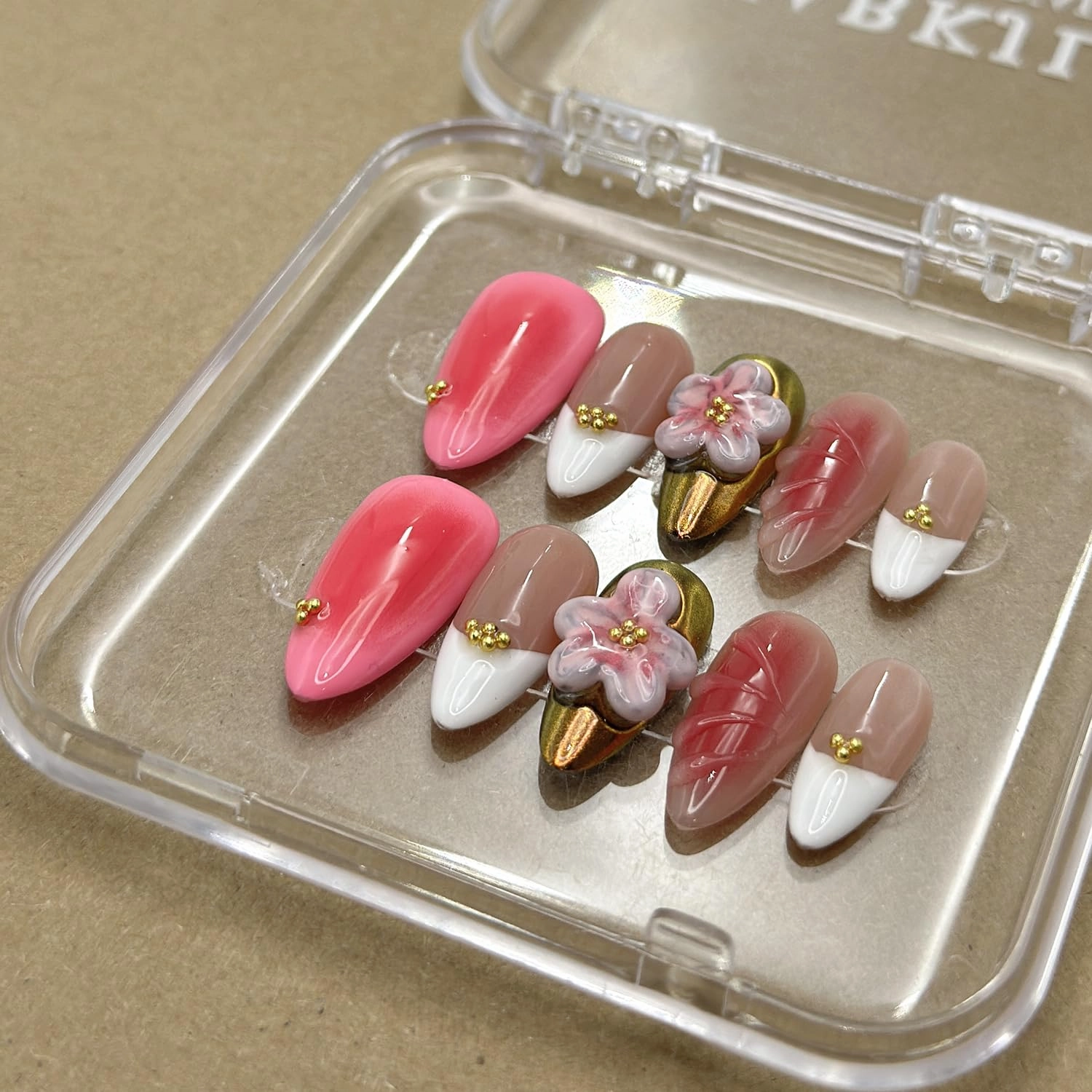 Luxury Press on Nails Medium Almond Handmade 3D Unique Reusable ABS Material Fake Nails White French Tip False Nails with Designs Pink Flower Art Petal Glossy Glue on Nails Thick Acrylic Nails(M)