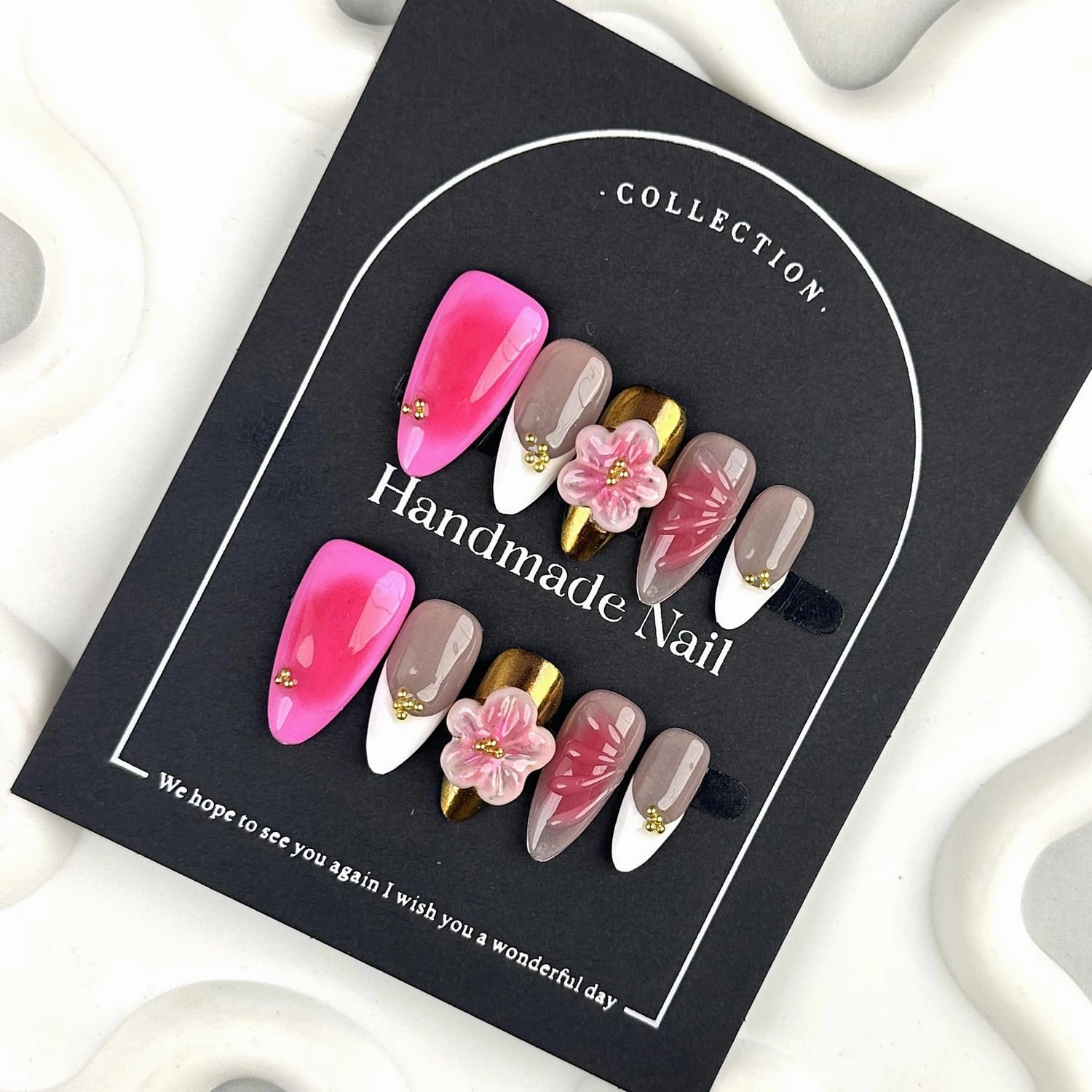 Luxury Press on Nails Medium Almond Handmade 3D Unique Reusable ABS Material Fake Nails White French Tip False Nails with Designs Pink Flower Art Petal Glossy Glue on Nails Thick Acrylic Nails(M)