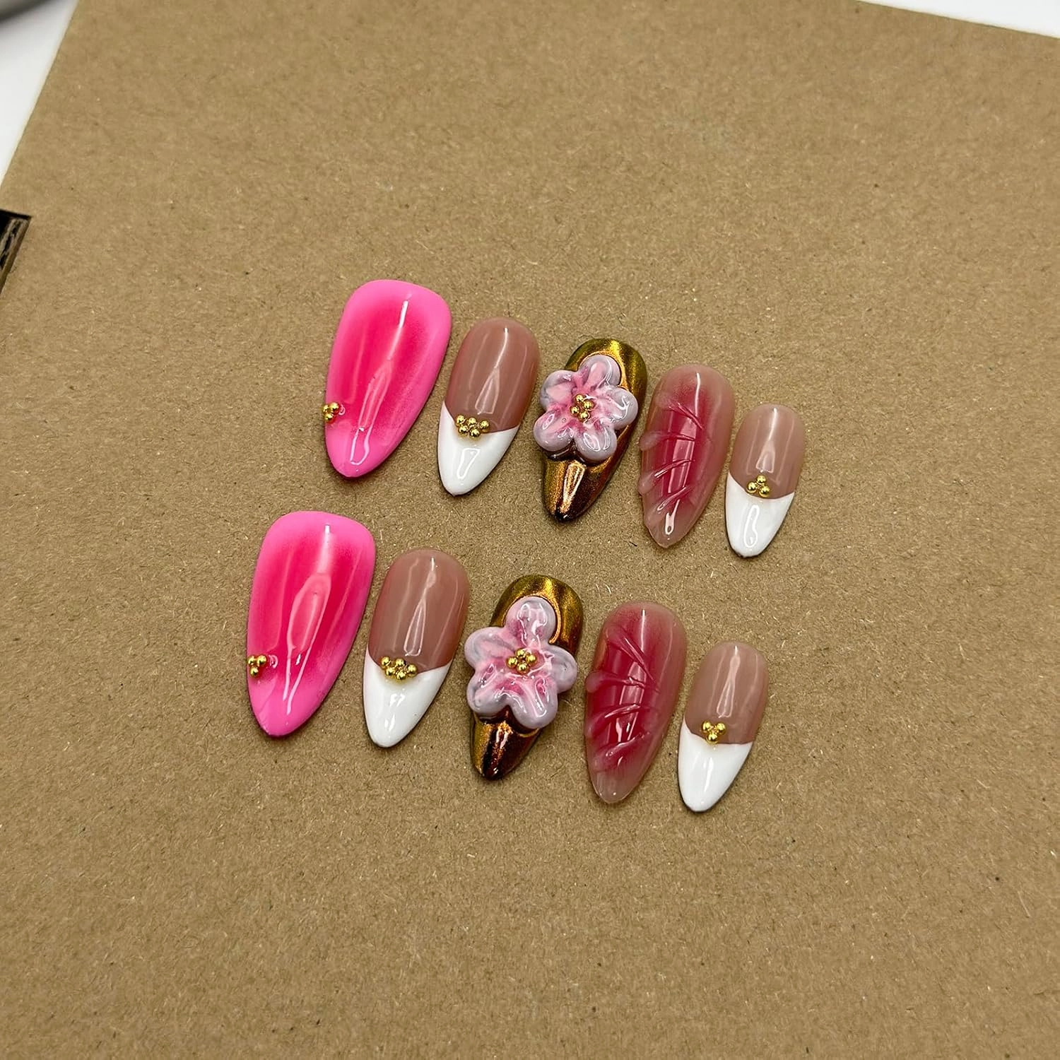 Luxury Press on Nails Medium Almond Handmade 3D Unique Reusable ABS Material Fake Nails White French Tip False Nails with Designs Pink Flower Art Petal Glossy Glue on Nails Thick Acrylic Nails(M)