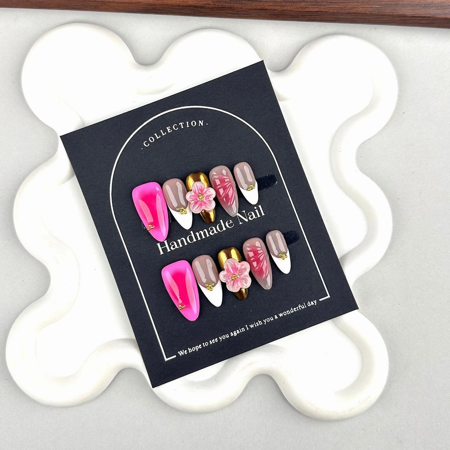 Luxury Press on Nails Medium Almond Handmade 3D Unique Reusable ABS Material Fake Nails White French Tip False Nails with Designs Pink Flower Art Petal Glossy Glue on Nails Thick Acrylic Nails(M)