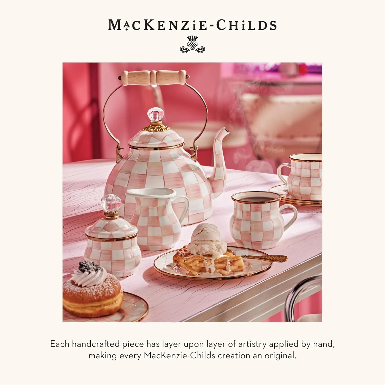 MACKENZIE-CHILDS Checkered Enamel Serving Bowl for Entertaining, Everything Bowl, Rosy Check