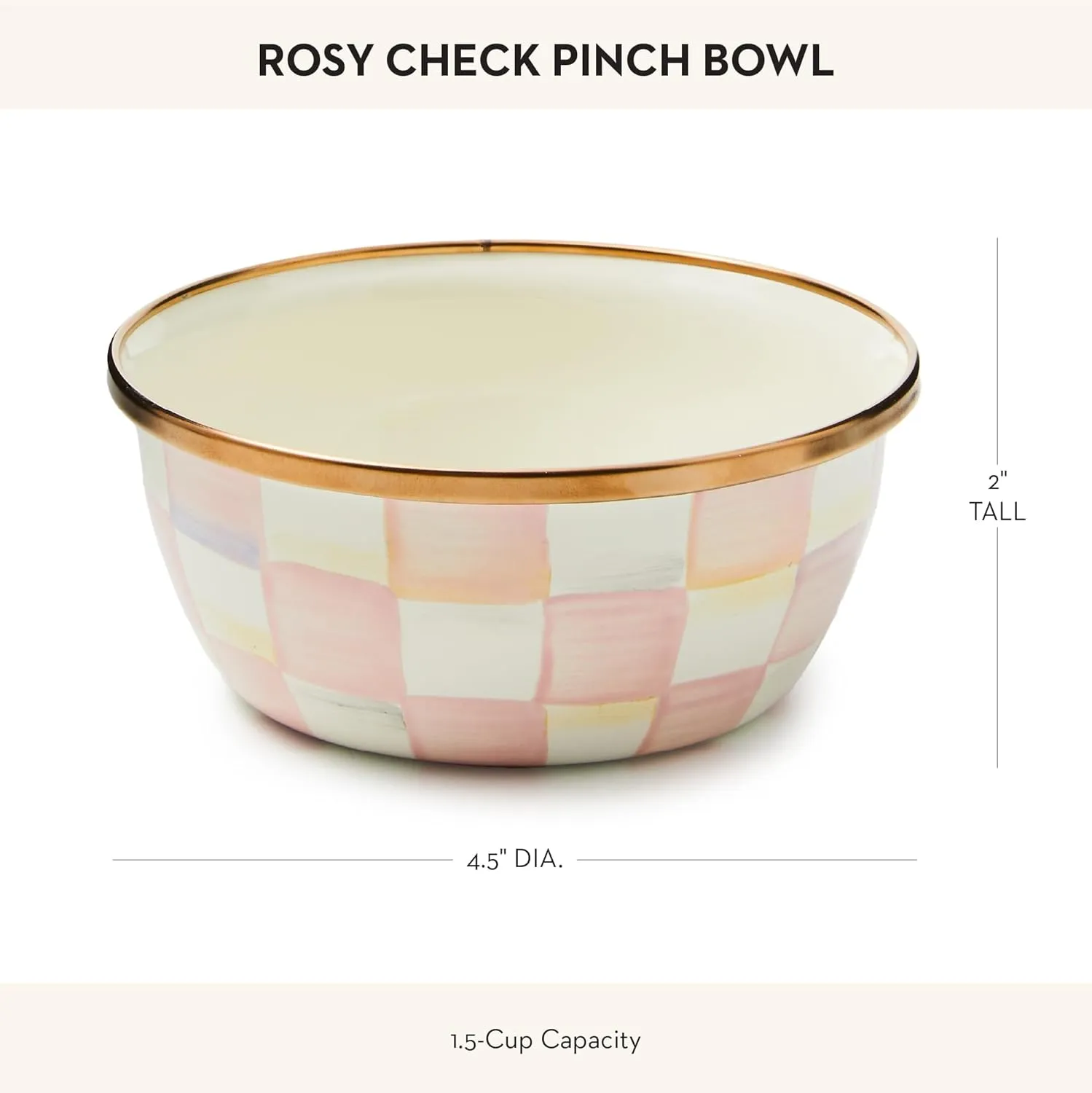 MACKENZIE-CHILDS Enamel Pinch Bowl, Small Bowl for Kitchen Ingredients, 1.5-Cup Capacity, Pink-and-White Rosy Check