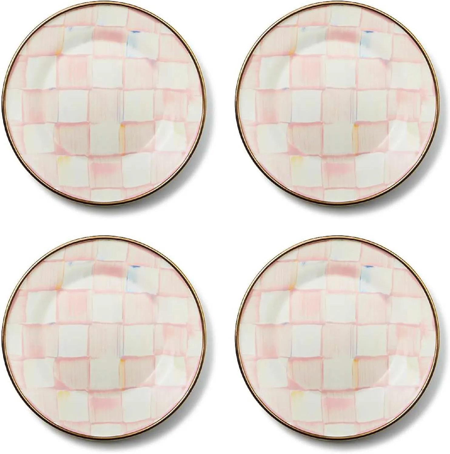 MACKENZIE-CHILDS Set of 4 Enamel Appetizer Plates, Mini Dessert Plates, 5 Inches, Pink-and-White Rosy Check