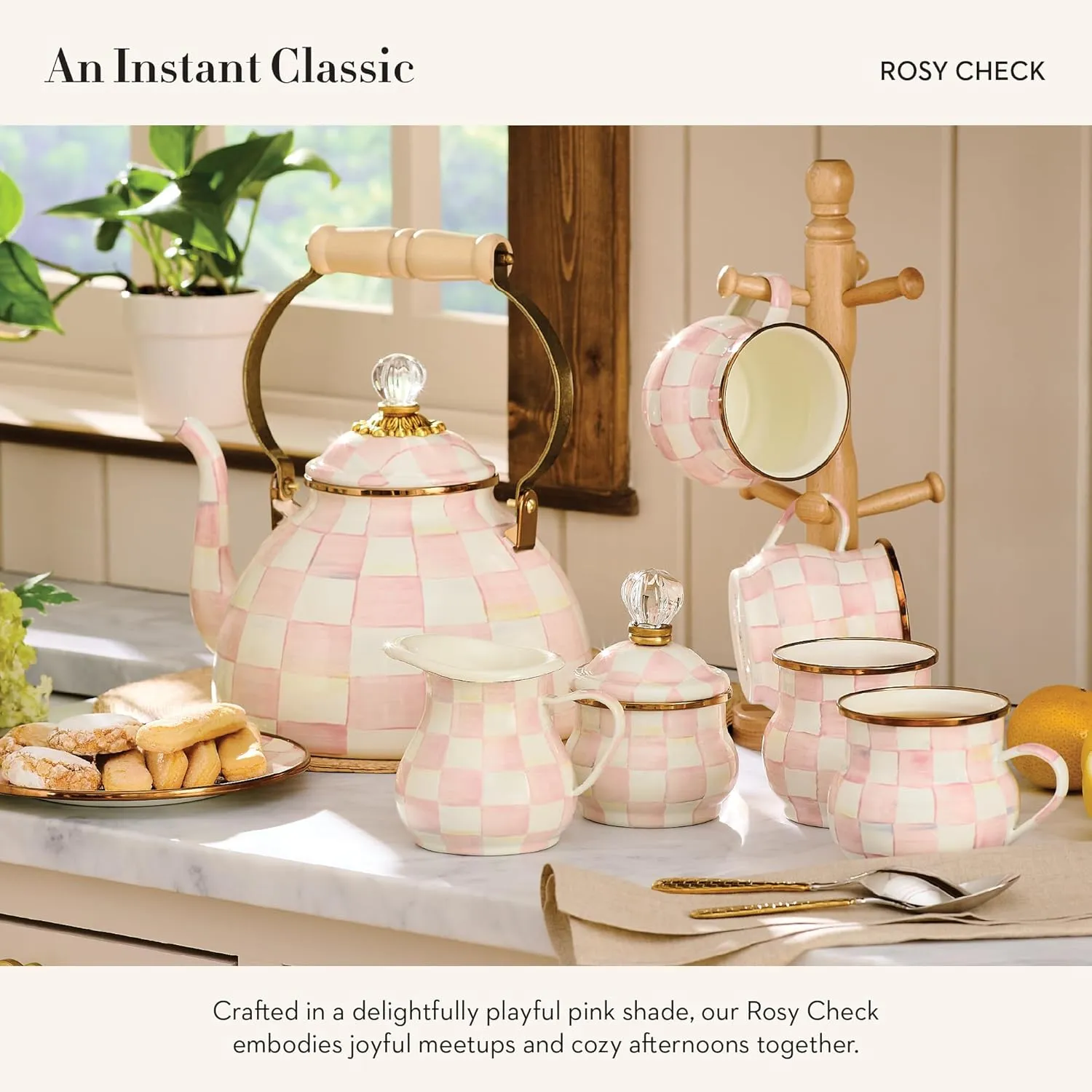 MACKENZIE-CHILDS Set of 4 Enamel Appetizer Plates, Mini Dessert Plates, 5 Inches, Pink-and-White Rosy Check