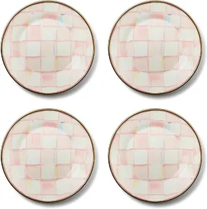 MACKENZIE-CHILDS Set of 4 Enamel Appetizer Plates, Mini Dessert Plates, 5 Inches, Pink-and-White Rosy Check