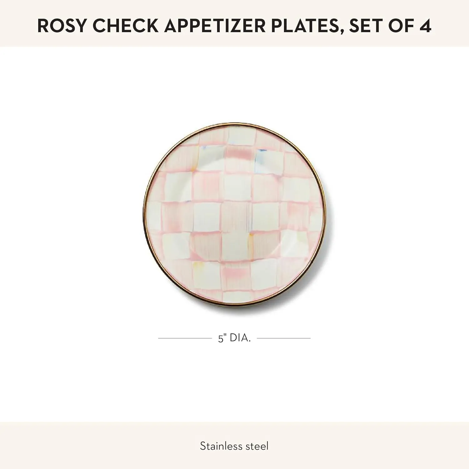 MACKENZIE-CHILDS Set of 4 Enamel Appetizer Plates, Mini Dessert Plates, 5 Inches, Pink-and-White Rosy Check