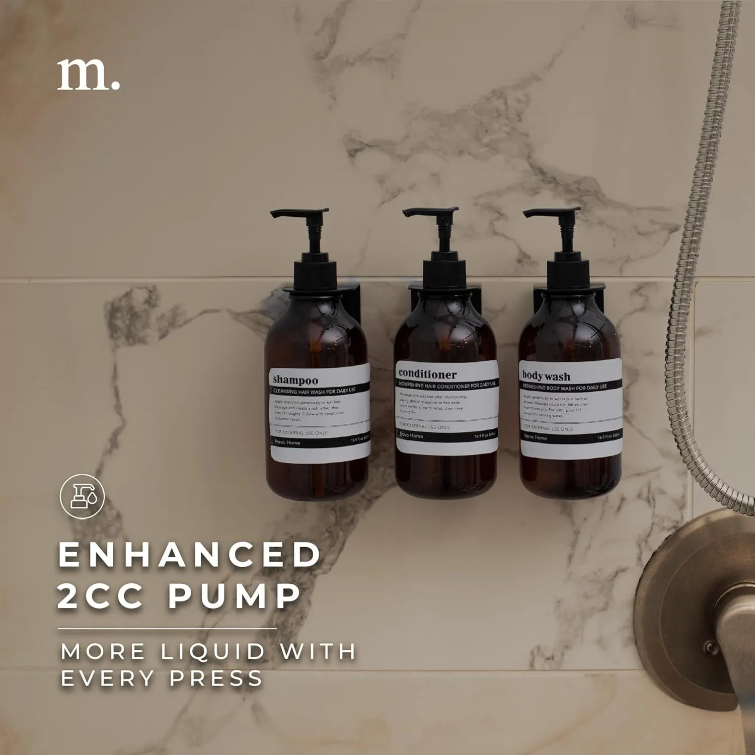 MaisoNovo Shampoo and Conditioner Dispenser - Shower Soap Dispenser Wall Mounted - 16.9 fl oz Set of 3 Amber Plastic Bottles Black Pump - 3 Chamber No Drill