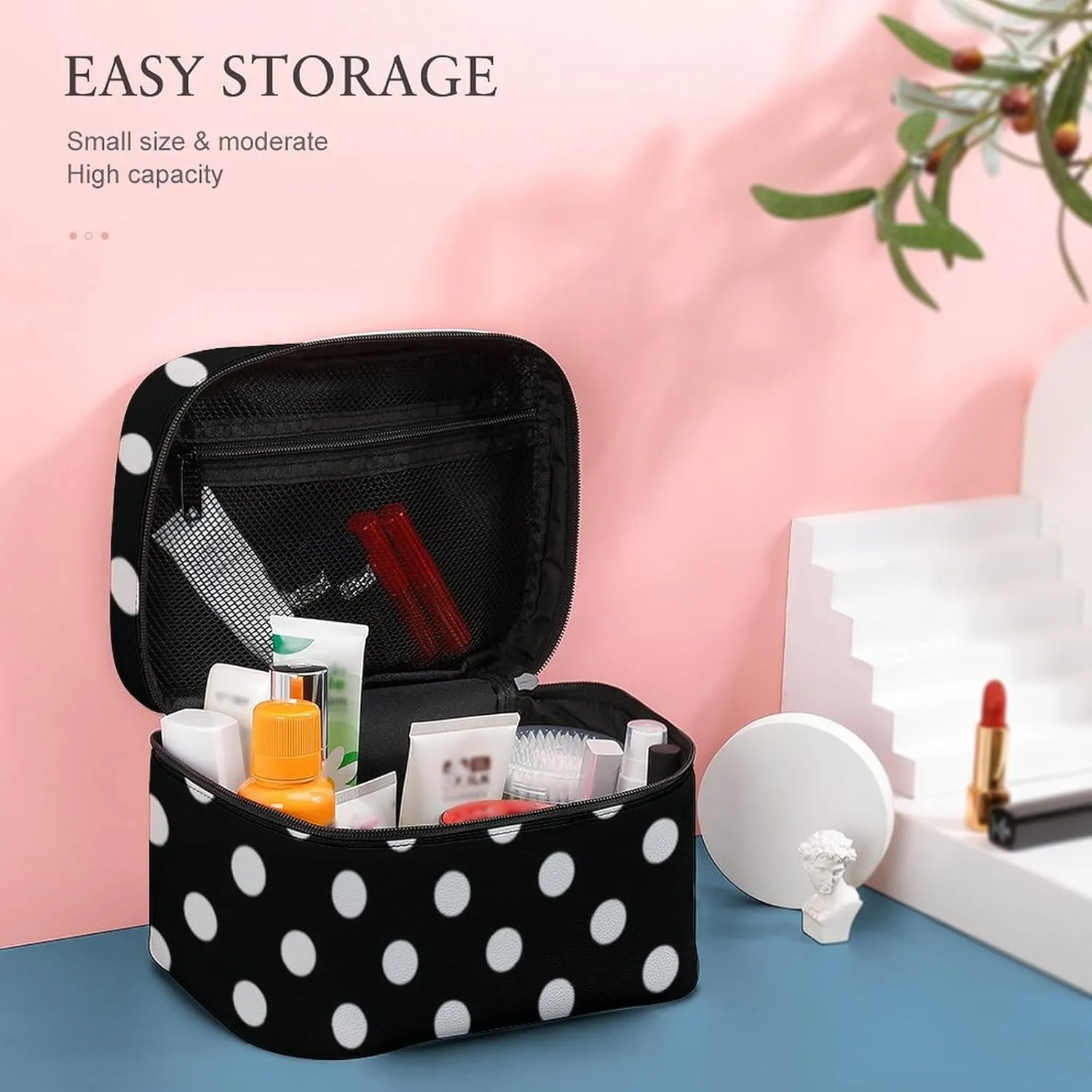 Makeup Bag, Modern Black and White Polka Dot Travel Cosmetic Bag Makeup Organizer Case Large Capacity Portable Zipper Toiletry Bag for Women