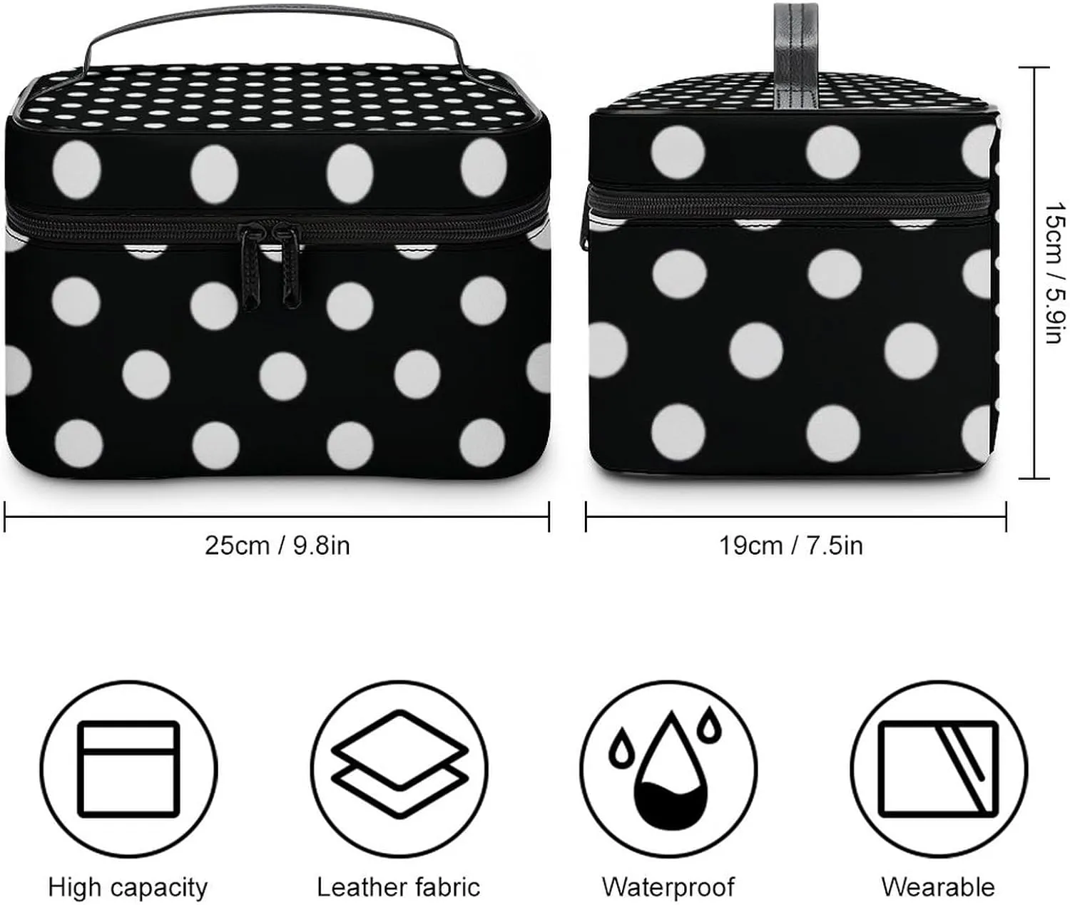 Makeup Bag, Modern Black and White Polka Dot Travel Cosmetic Bag Makeup Organizer Case Large Capacity Portable Zipper Toiletry Bag for Women