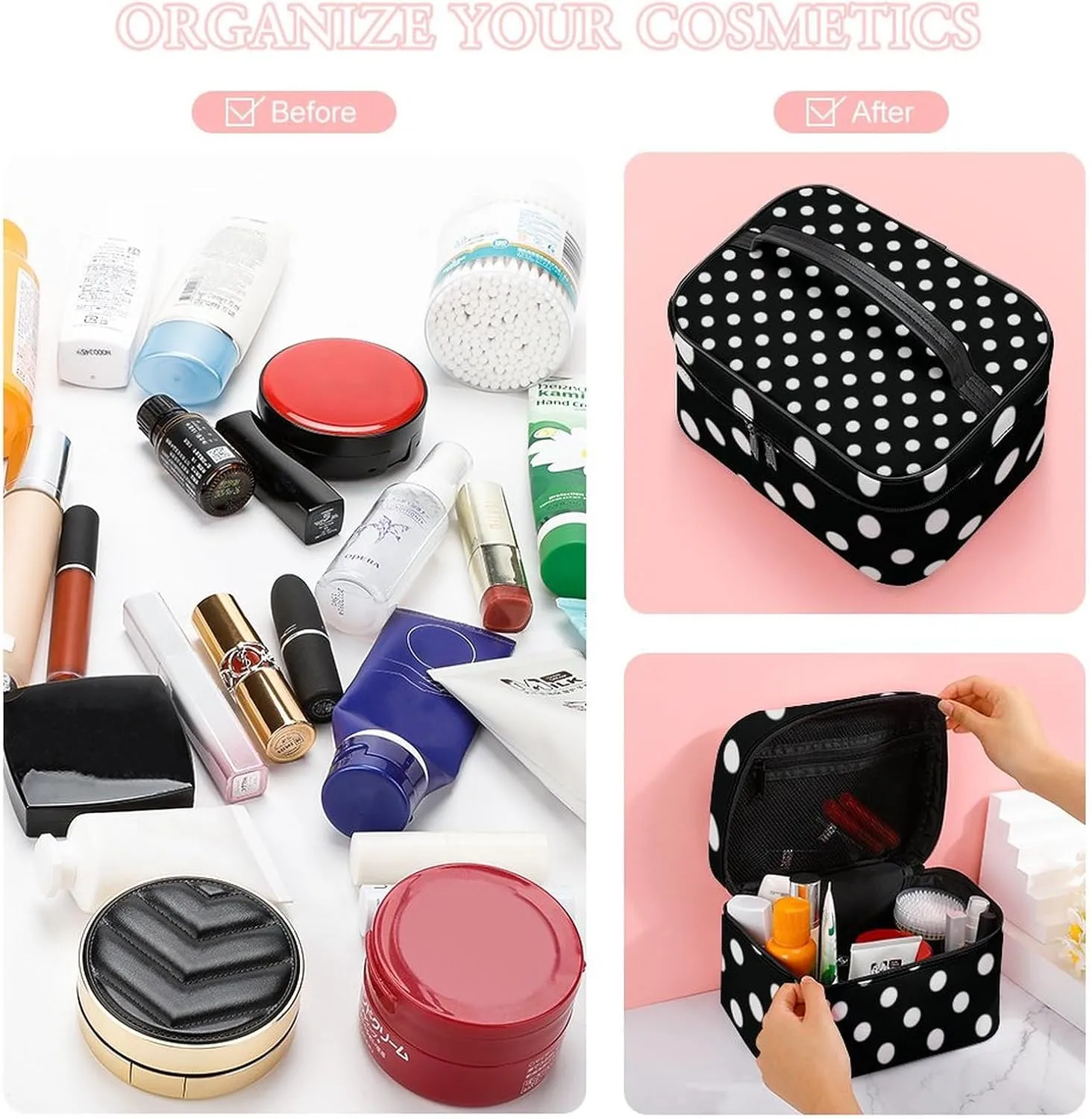 Makeup Bag, Modern Black and White Polka Dot Travel Cosmetic Bag Makeup Organizer Case Large Capacity Portable Zipper Toiletry Bag for Women