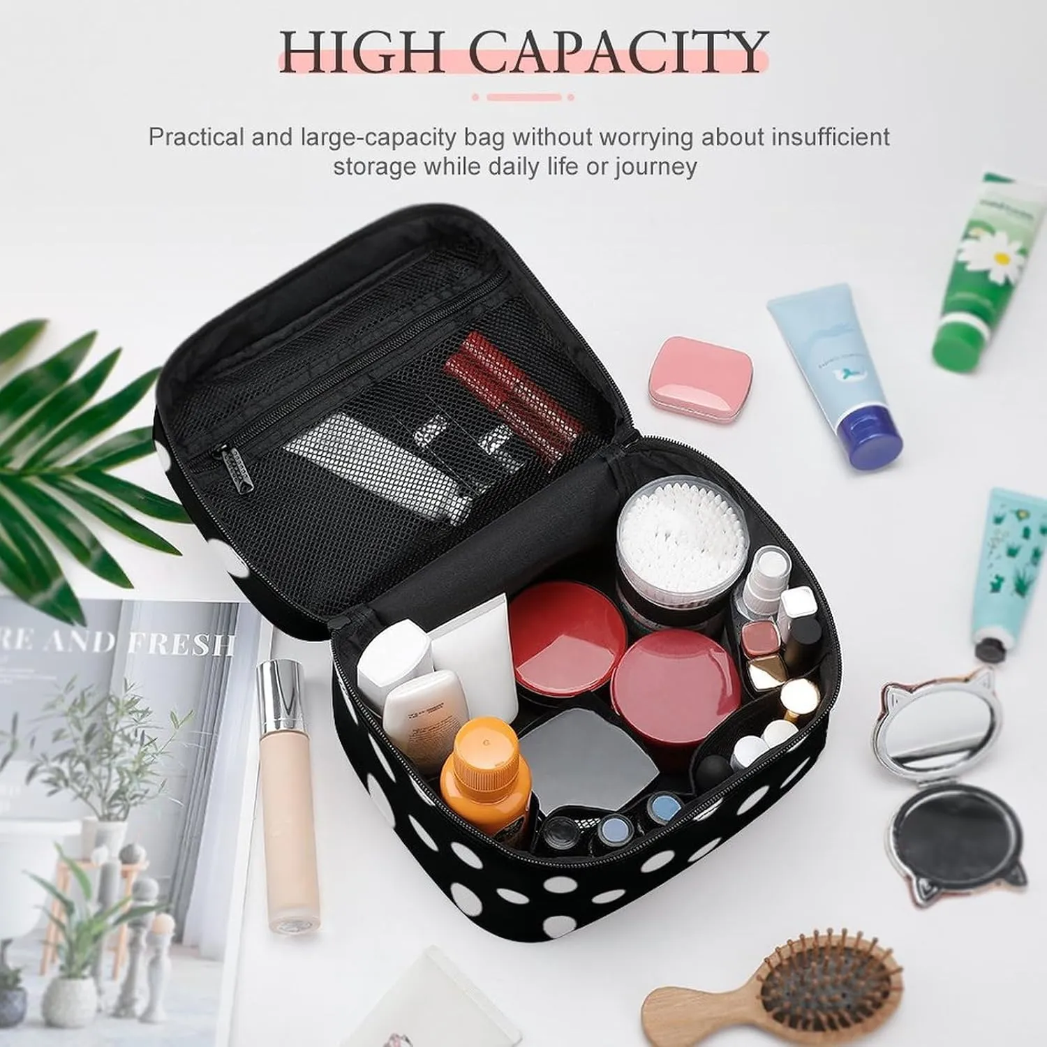 Makeup Bag, Modern Black and White Polka Dot Travel Cosmetic Bag Makeup Organizer Case Large Capacity Portable Zipper Toiletry Bag for Women