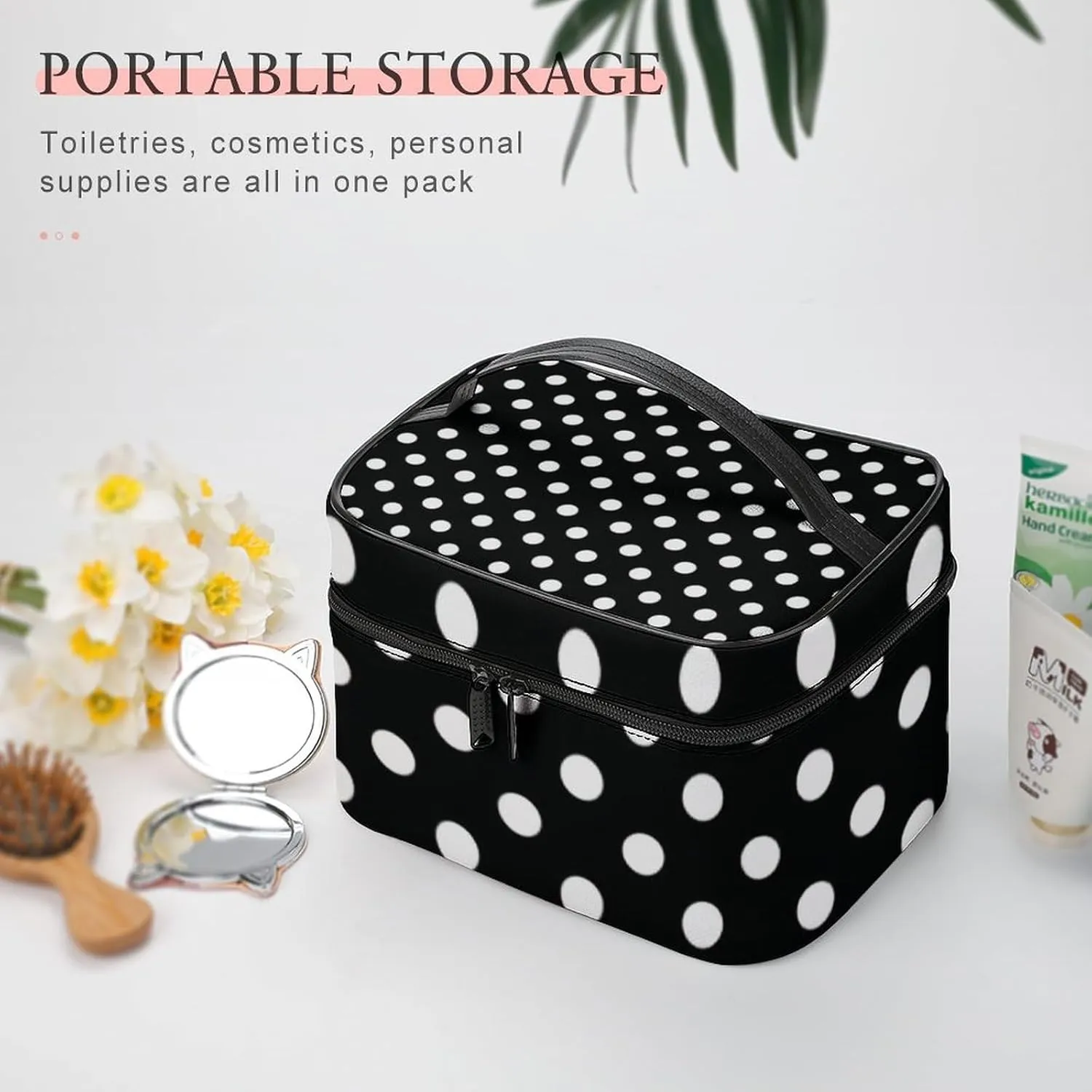 Makeup Bag, Modern Black and White Polka Dot Travel Cosmetic Bag Makeup Organizer Case Large Capacity Portable Zipper Toiletry Bag for Women