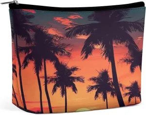 Makeup Bags Large Capacity Cosmetic Bags for Women Palm Tree Summer Sunset Open Flat Toiletry Bag Waterproof Makeup Pouch Portable Cosmetic Organizer Makeups Train for Travel Gift