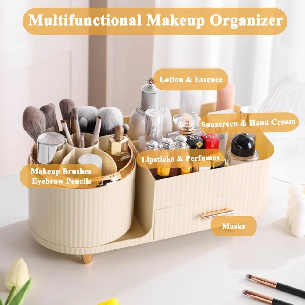 Makeup Organizer Countertop with Drawer 360 Rotating Brush Holder Storage Large Capacity Skincare Cosmetic Display Cases for Vanity Bathroom Desktop, Model 3016 Cream