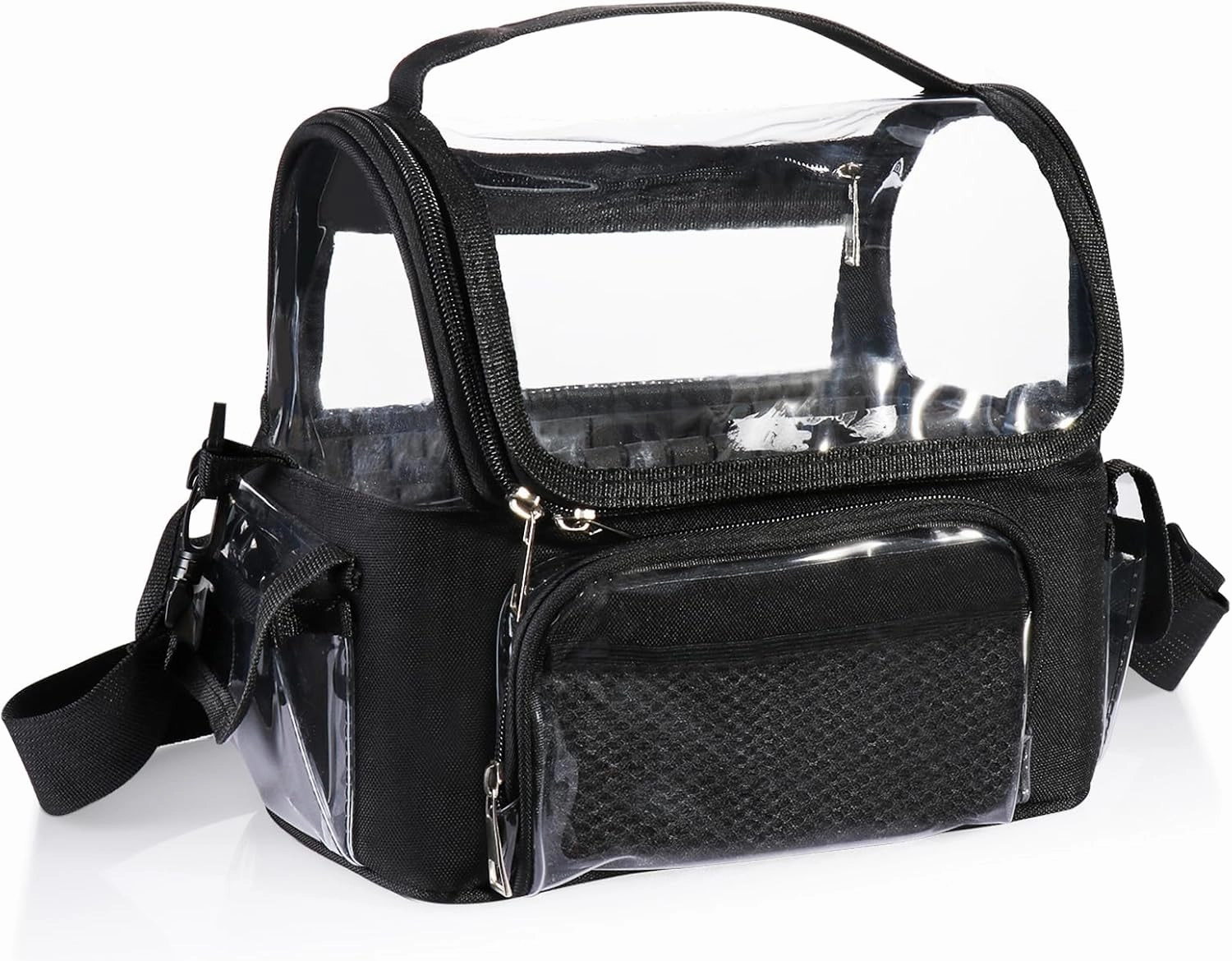 Makeup Brush Bag Travel with Dividers - Stand Up Professional Make Up Artist Kit Case with Adjustable Compartments and Strap, Portable Clear Cosmetic Storage Organizer Holder