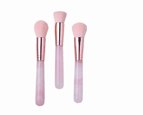 Makeup Brush Set 3 Pcs Foundation Powder Blush Makeup Brushes with Rose Quartz Natural Healing Crystal Handle Cosmetic Brushes Multiple Use Portable (Rose Quartz)