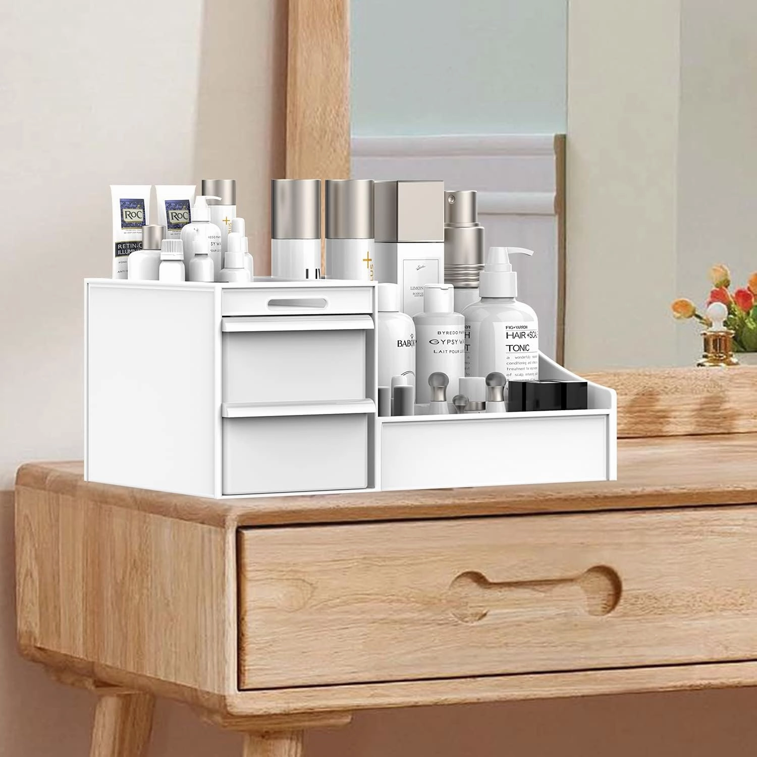 Makeup Desk Cosmetic Storage Box Organizer with Drawers for Dressing Table, Vanity Countertop, Bathroom Counter, Elegant Vanity Holder for Brushes, Eyeshadow, Lotions, Lipstick and Nail Polish
