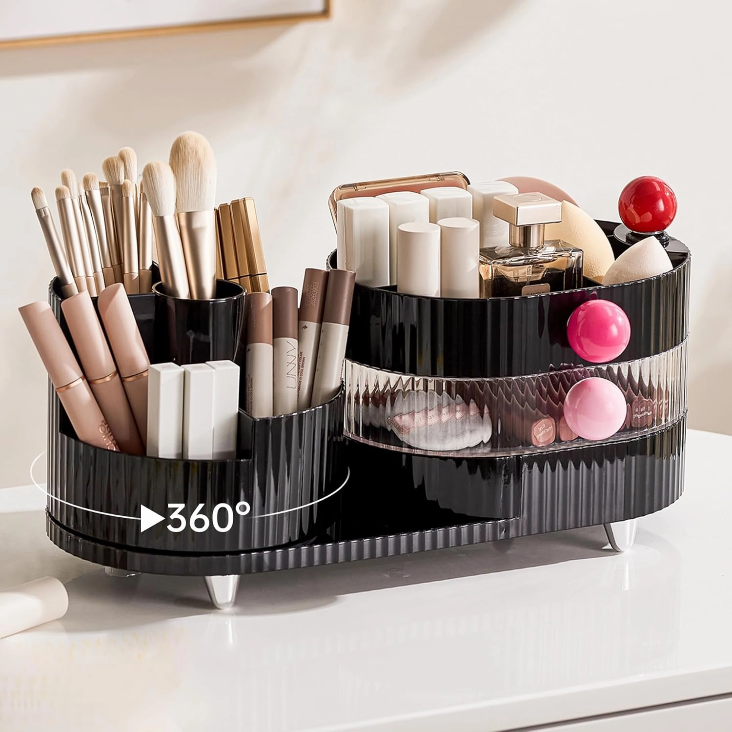 Makeup Organizer Countertop for Vanity with 360° Rotating Brush Holder, 3 Layer Cosmetic and Jewelry Storage, Makeup Display Case for Skincare&Perfume, Black