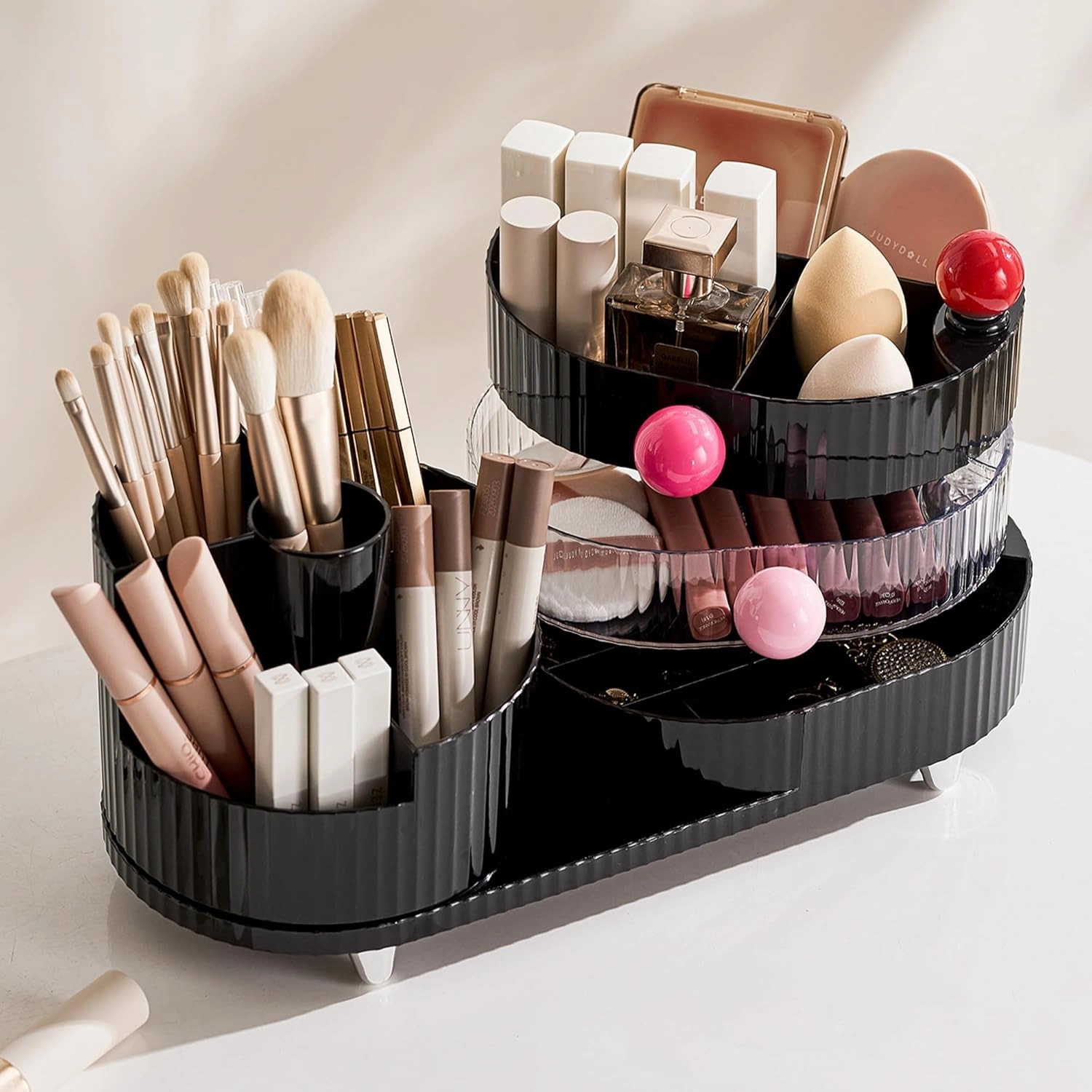 Makeup Organizer Countertop for Vanity with 360° Rotating Brush Holder, 3 Layer Cosmetic and Jewelry Storage, Makeup Display Case for Skincare&Perfume, Black