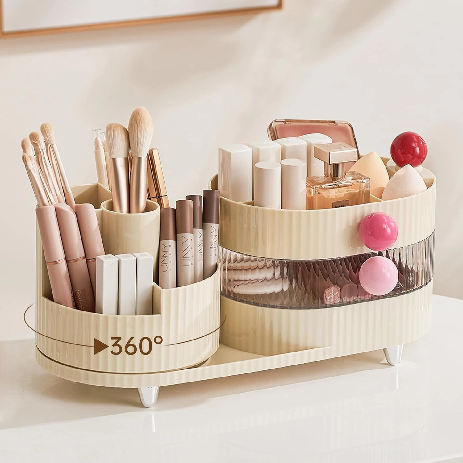 Makeup Organizer Countertop for Vanity with 360° Rotating Brush Holder, 3 Layer Cosmetic and Jewelry Storage，Makeup Display Case for Skincare&Perfume (Cream White)
