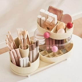 Makeup Organizer Countertop for Vanity with 360° Rotating Brush Holder, 3 Layer Cosmetic and Jewelry Storage，Makeup Display Case for Skincare&Perfume (Cream White)