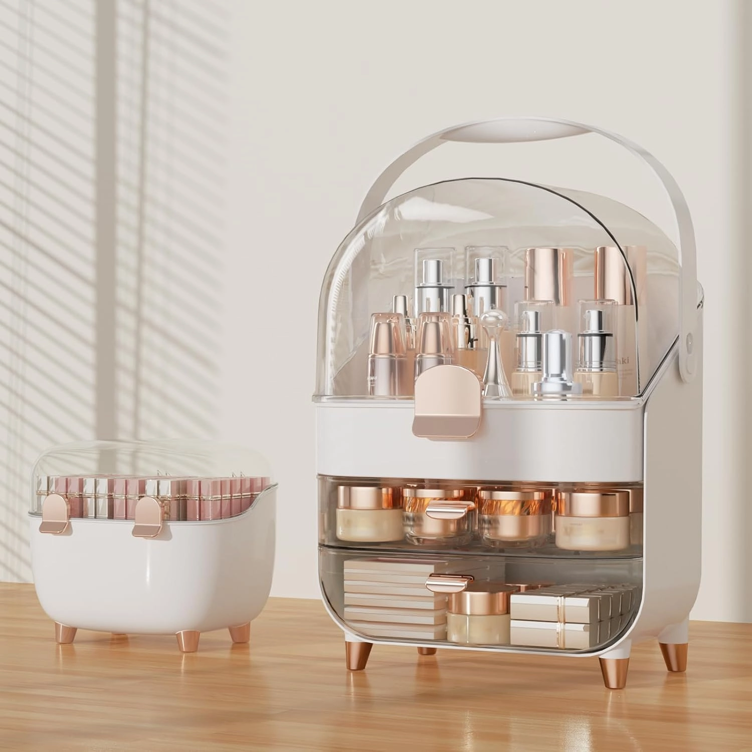 Makeup Organizer Countertop, Makeup Brush Holder with Lid & Drawers, Bathroom Vanity Organizer and Storage, Make Up Organizer for Vanity, Skincare Organizer Gifts for Girls, Wife, Mom