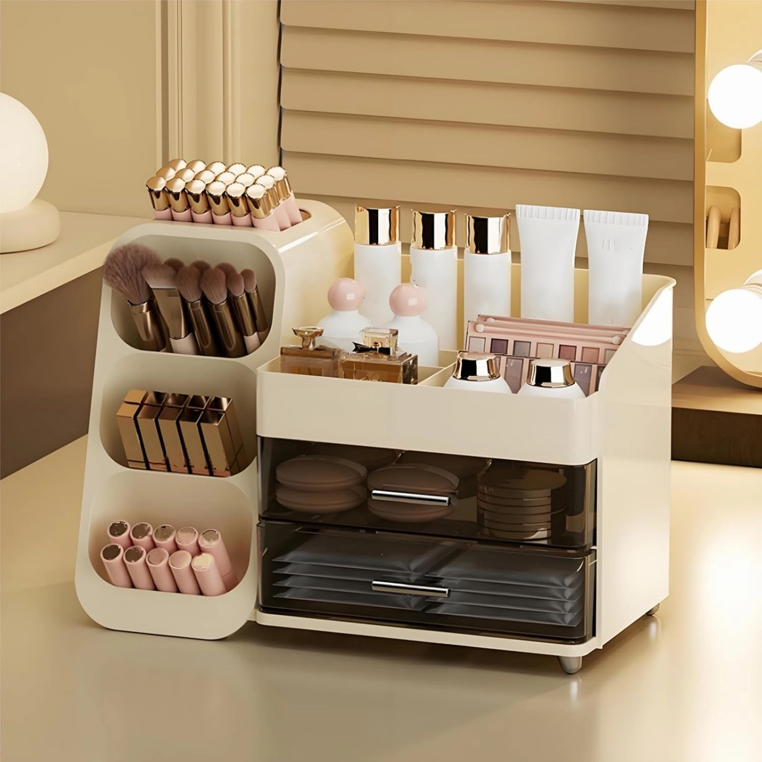 Makeup Organizer with Drawers, Large Capacity Cosmetics Display Case for Vanity, Countertop Storage Organizer for Office Bathroom, Beauty and Skincare Holder for Lipstick Brush Eyeshadow
