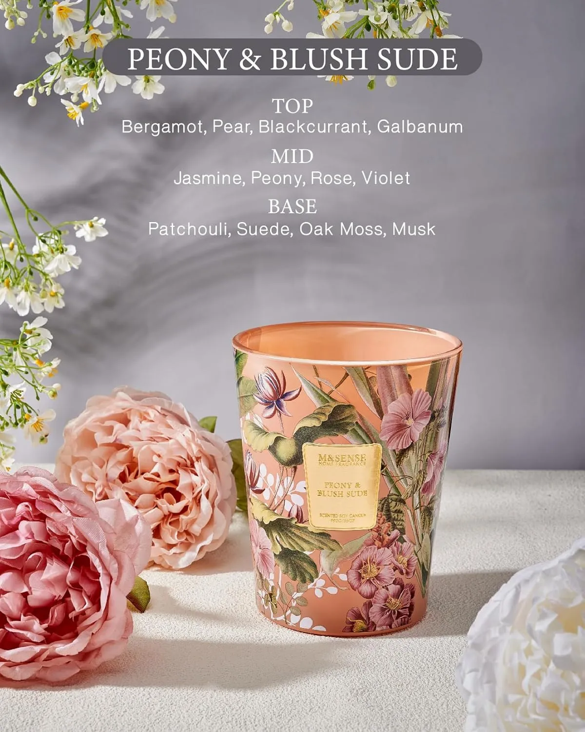 M&SENSE Large Soy Scented Candles Peony & Blush Sude, Non Toxic Natural Spring Candles 35oz 150 Hours Long Lasting Slow Burning, Unique Candle Gifts Cozy Room Decor for Women Men