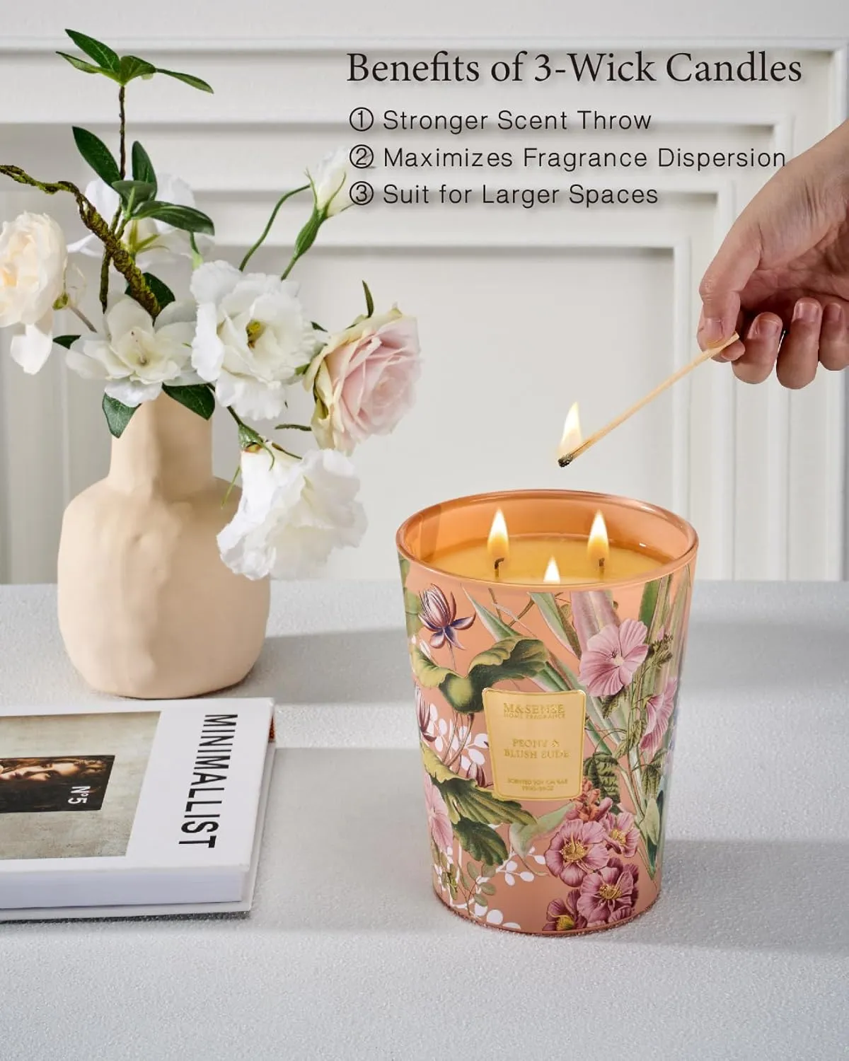 M&SENSE Large Soy Scented Candles Peony & Blush Sude, Non Toxic Natural Spring Candles 35oz 150 Hours Long Lasting Slow Burning, Unique Candle Gifts Cozy Room Decor for Women Men