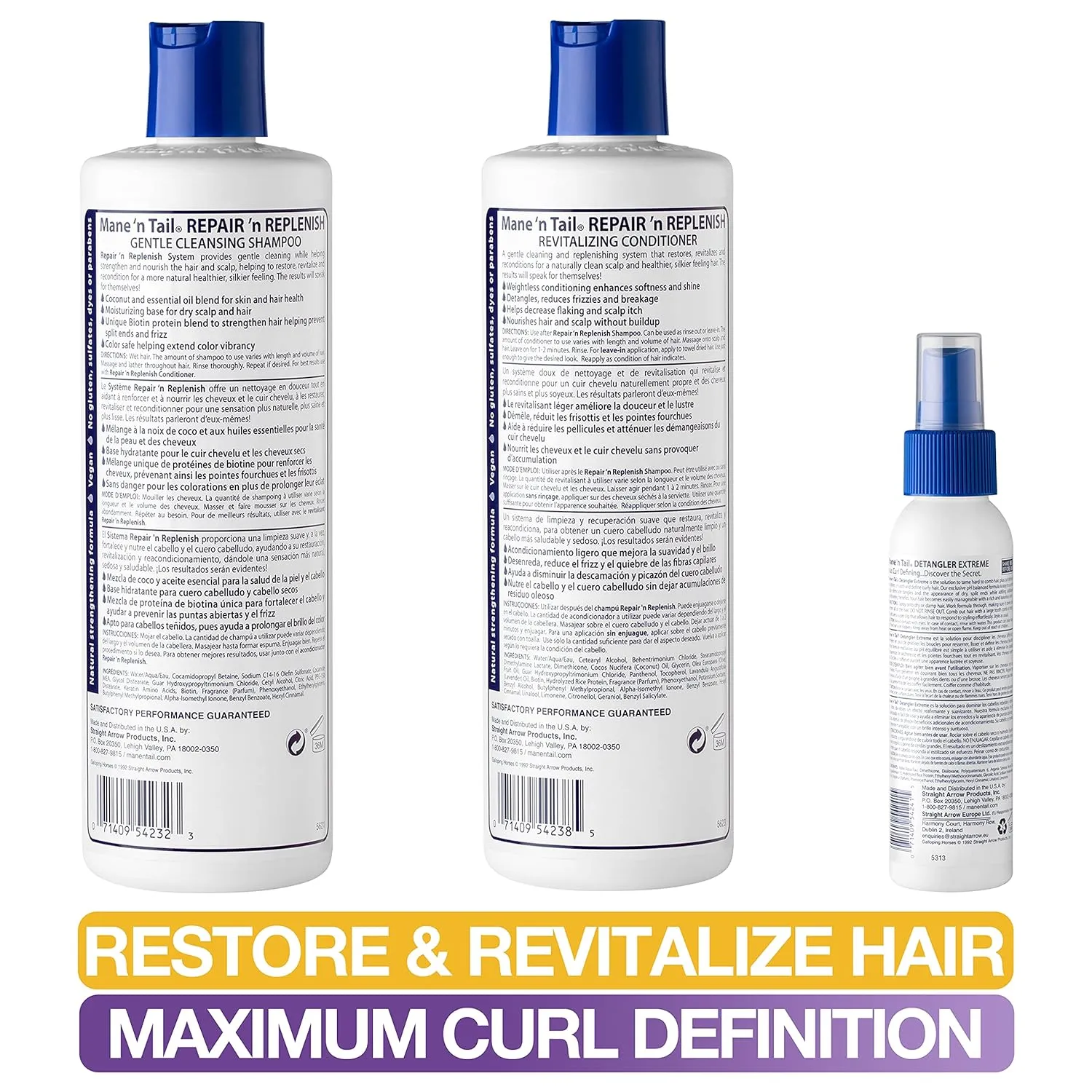 Mane ’n Tail Sulfate Free Repair ’n Replenish Gentle Cleaning And Replenishing System (11.2 Oz Each) with Extreme Detangler 3.4 Ounce