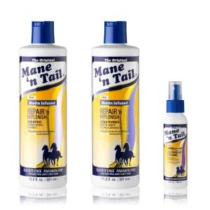 Mane ’n Tail Sulfate Free Repair ’n Replenish Gentle Cleaning And Replenishing System (11.2 Oz Each) with Extreme Detangler 3.4 Ounce