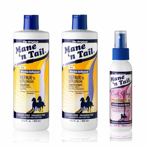 Mane 'n Tail (15.2 Set w Refresher Spray) Sulfate Free Repair 'n Replenish Gentle Cleaning And Replenishing System For Natural And Curly Hair Curl Defining Vegan Formula