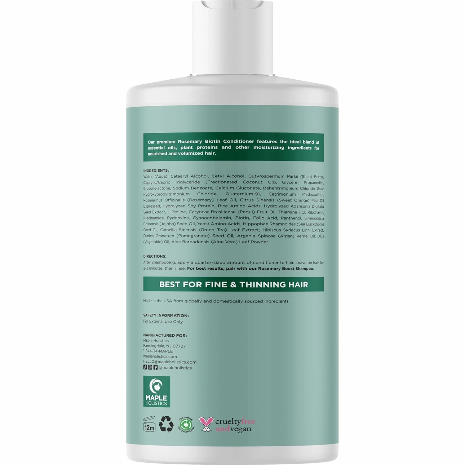 Maple Holistics Biotin Rosemary Conditioner - Vegan, Sulfate-Free, Moisturizing & Volumizing for Fine, Weak, & Dull Hair (16 Fl Oz)