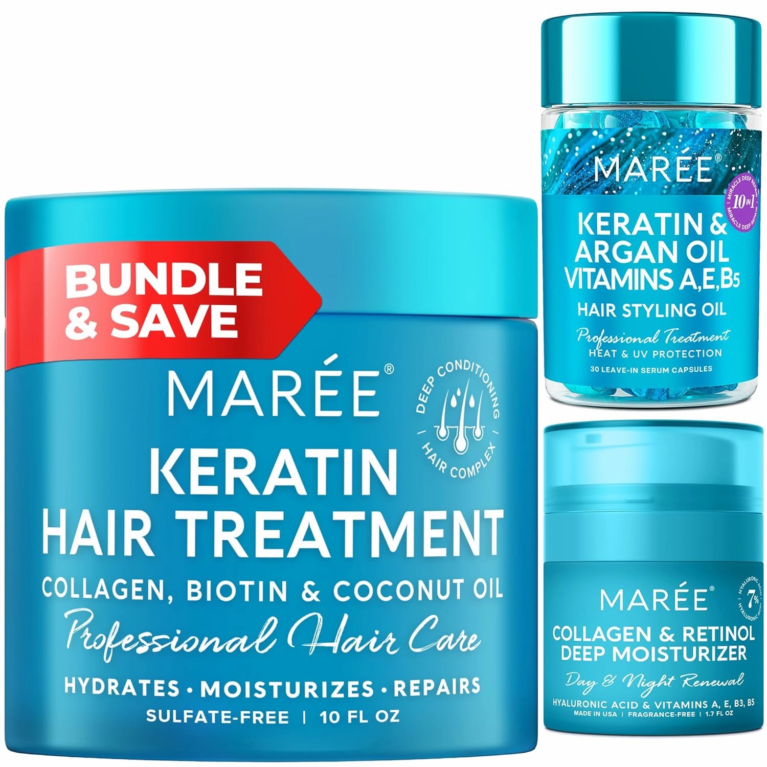 MAREE Bundle - Deep Hair Mask & Conditioner, Hair Styling Serum, Face Moisturizer Cream - Coconut Oil & Keratin - Argan & Jojoba Oil - Marine Collagen & Hyaluronic Acid, Retinol