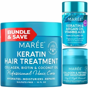 MAREE Bundle - Deep Hair Mask & Conditioner, Hair Styling Serum, Face Moisturizer Cream - Coconut Oil & Keratin - Argan & Jojoba Oil - Marine Collagen & Hyaluronic Acid, Retinol