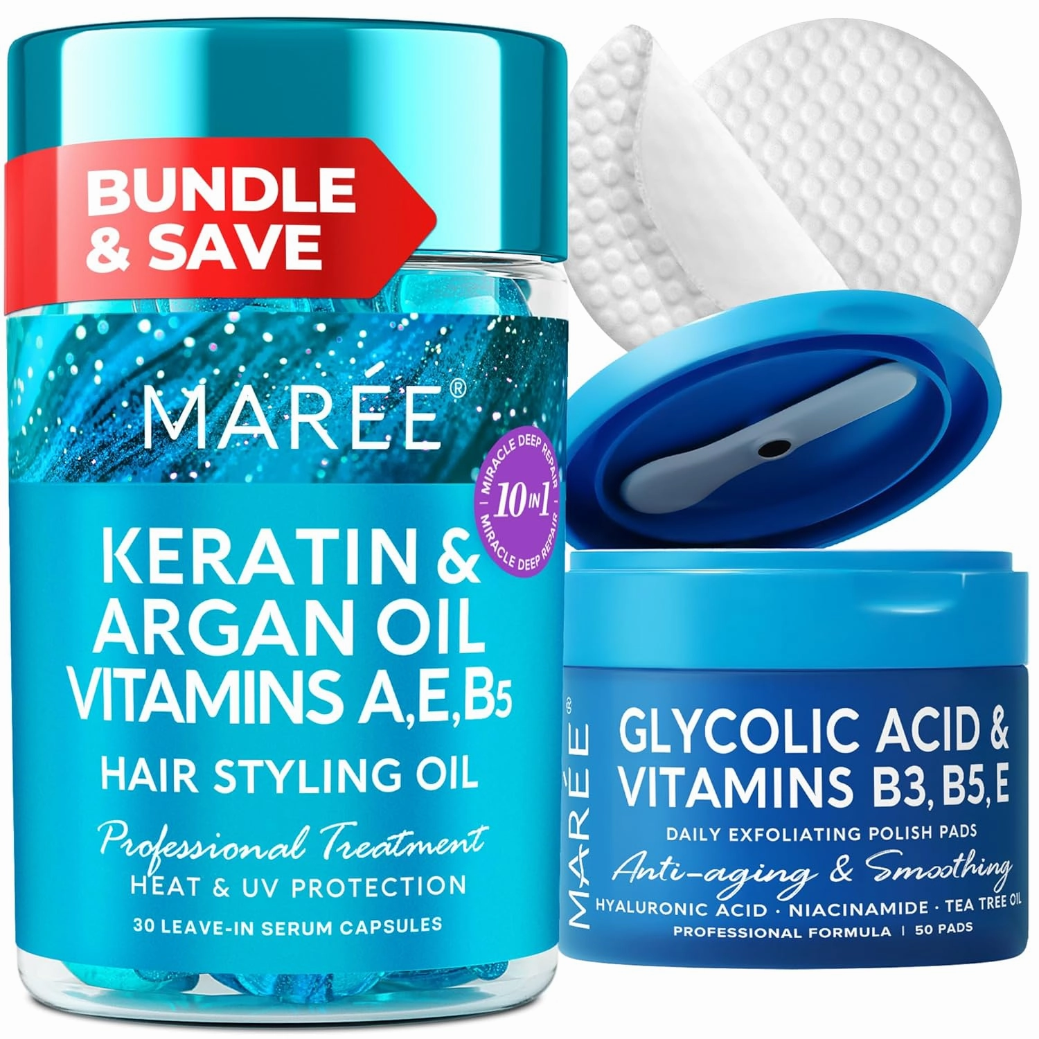 MAREE Bundle - Hair Styling Capsules & Glycolic Acid Peel Pads - Keratin, Jojoba & Argan Oil, Salicylic Acid & Vitamins E, B3, B5 - Leave-in Anti Frizz Conditioner & Face Pads with Cleaning Effect