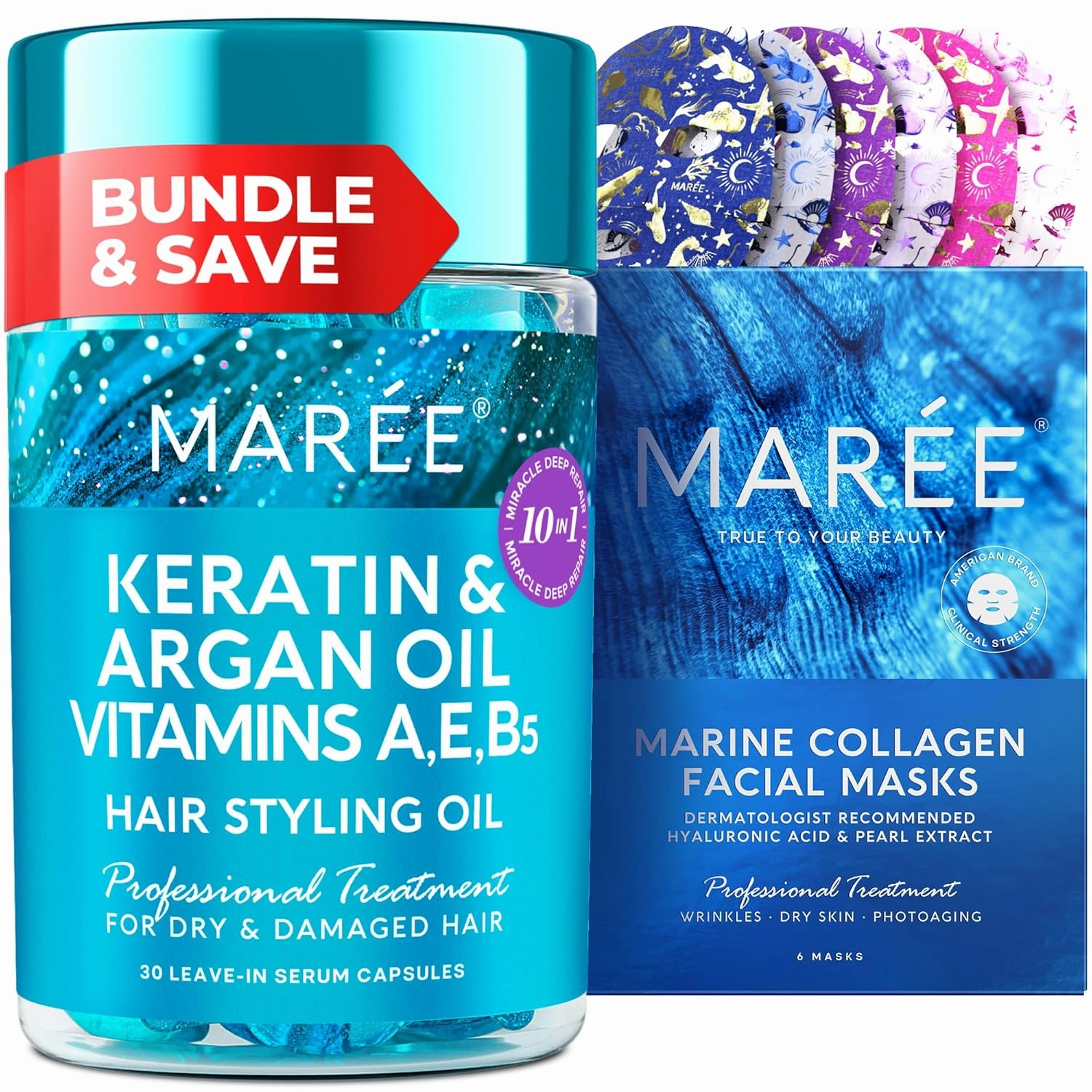 MAREE Bundle - Hair Styling Capsules & Sheet Moisturizing Masks - Keratin, Jojoba & Argan Oil, Collagen & Hyaluronic Acid - Leave-in Anti Frizz Conditioner & Hydrating Mask - 30 capsules & 6 packs