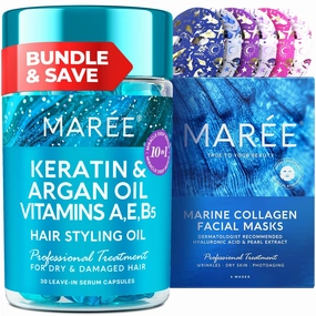 MAREE Bundle - Hair Styling Capsules & Sheet Moisturizing Masks - Keratin, Jojoba & Argan Oil, Collagen & Hyaluronic Acid - Leave-in Anti Frizz Conditioner & Hydrating Mask - 30 capsules & 6 packs