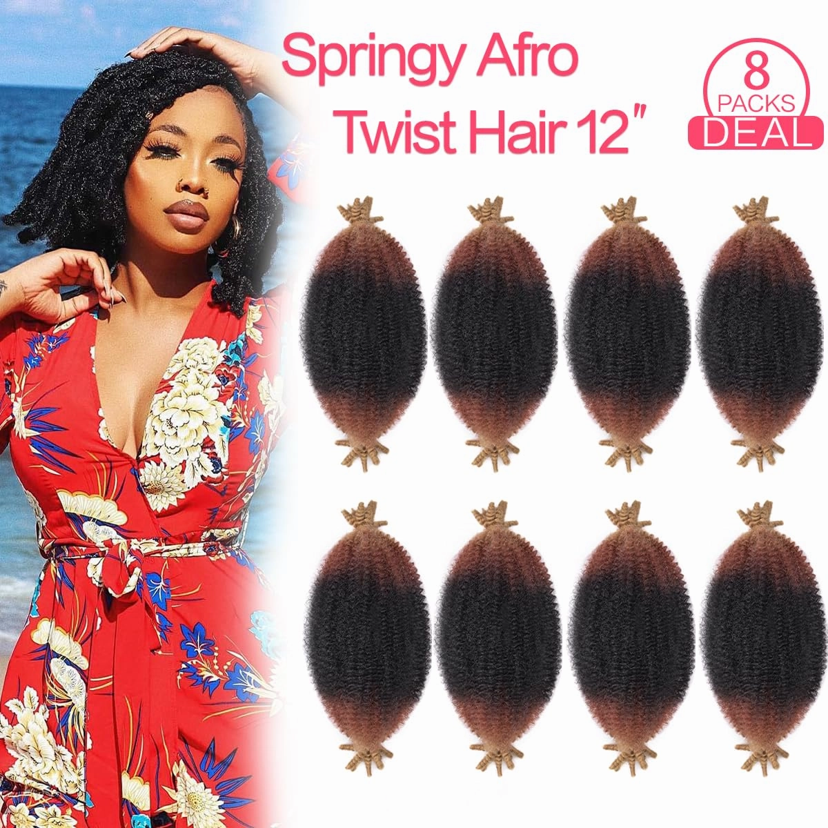 Marley Twist Braiding Hair 12 Inch 8 Packs Pre Separated Soft Springy Afro Twist Wrapping Hair (12 Inch,8Pack,#1B/30/27)