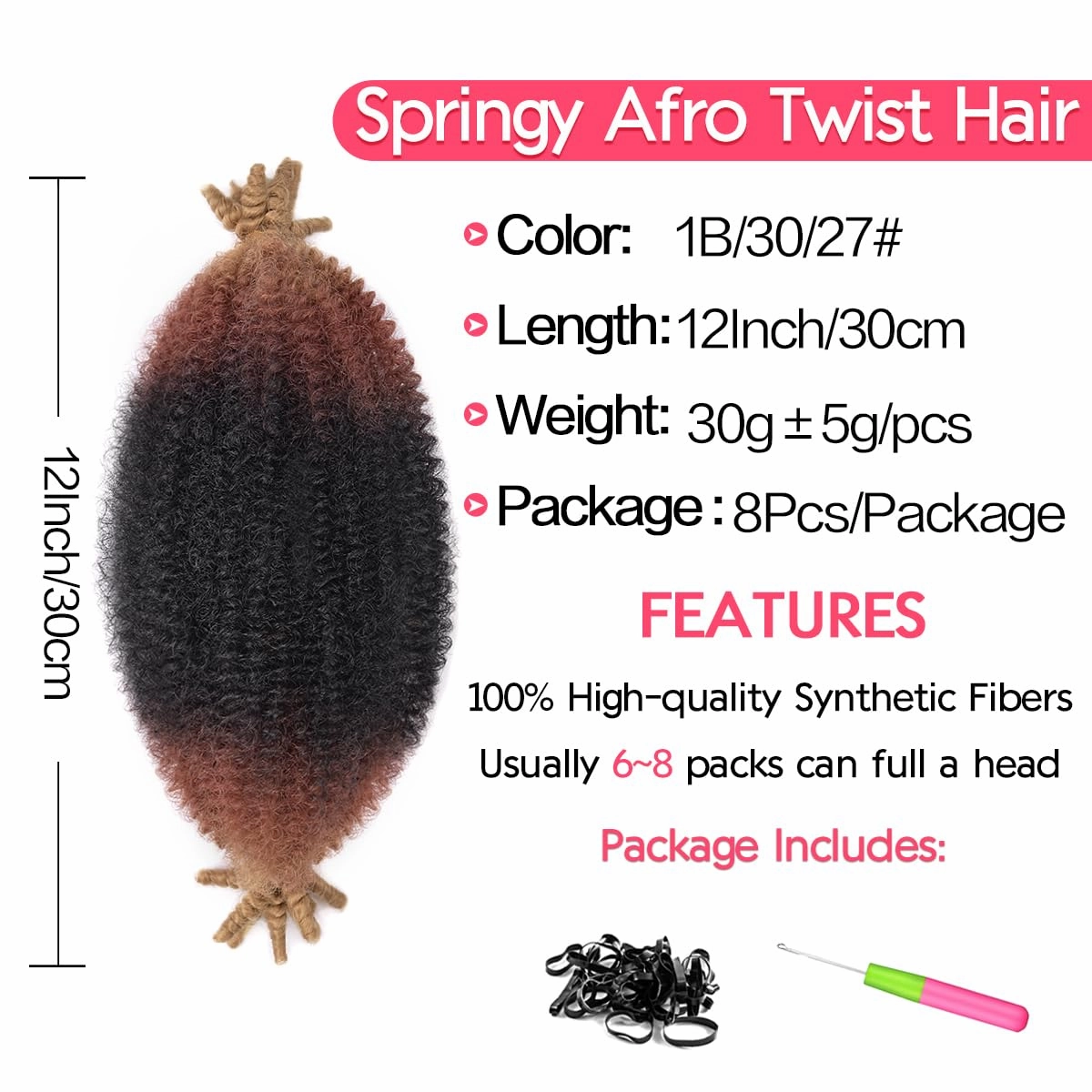 Marley Twist Braiding Hair 12 Inch 8 Packs Pre Separated Soft Springy Afro Twist Wrapping Hair (12 Inch,8Pack,#1B/30/27)