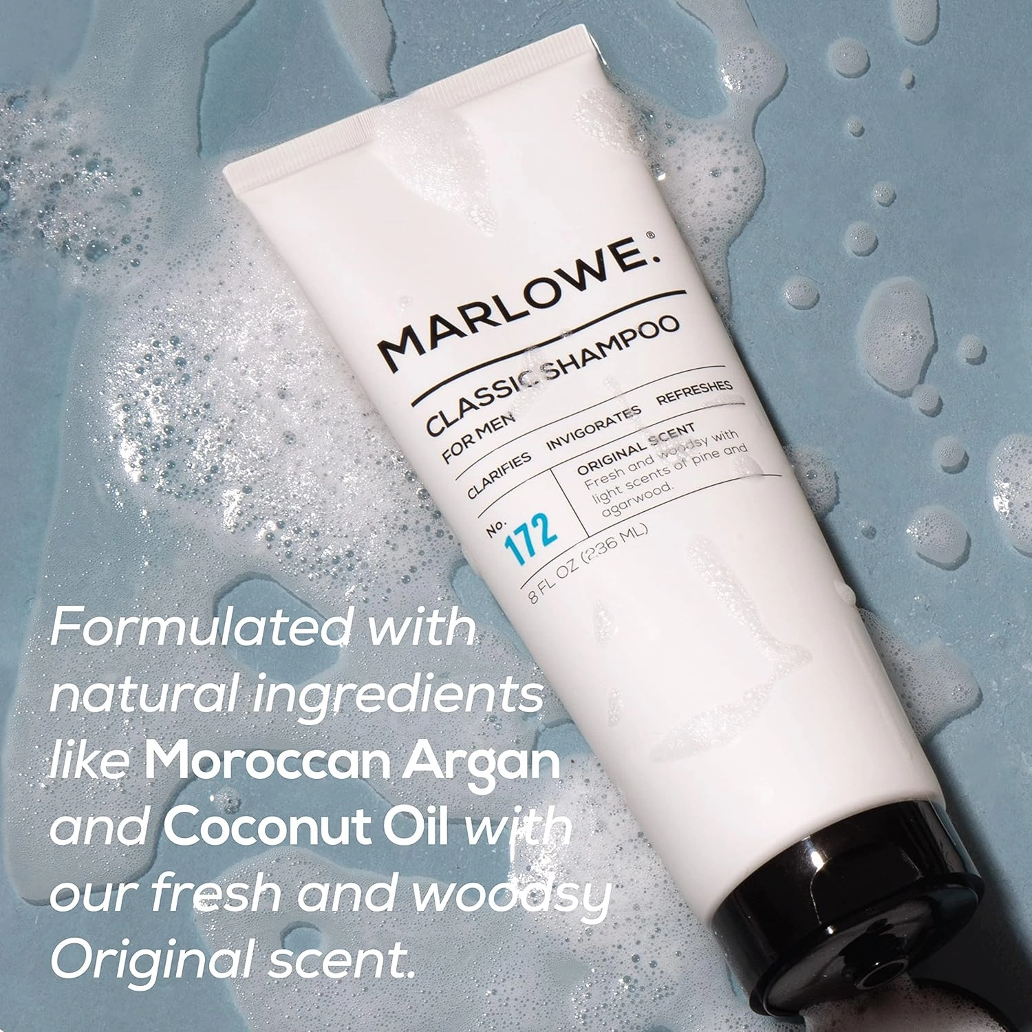 MARLOWE. No.172 Classic Mens Shampoo, Clarifies, Invigorates and Refreshes Hair with Moisturizing Argan Oil & Coconut Oil, All Hair Types, Paraben & Phthalate Free, 8 Fl Oz