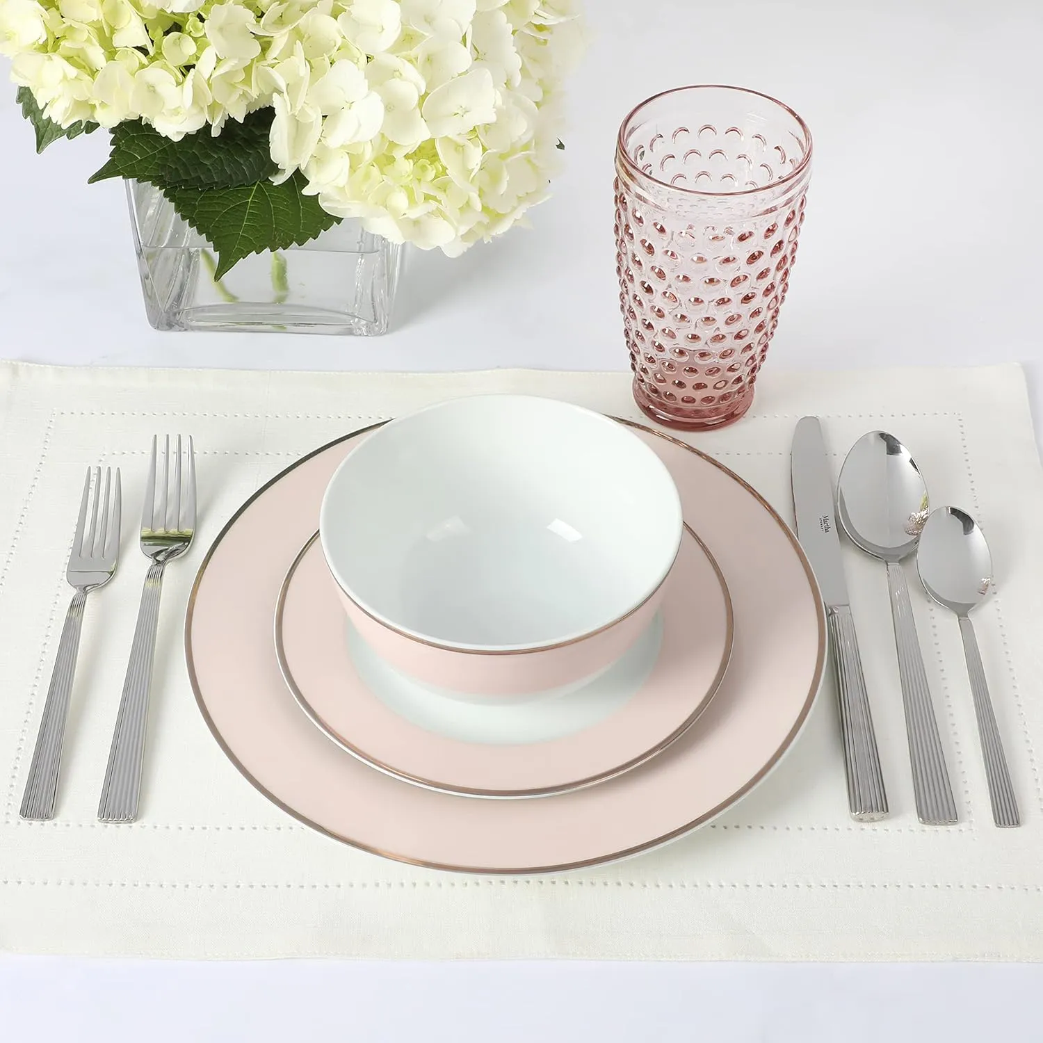 Martha Stewart Gracie Lane 12 pc Porcelain Decorated Dinnerware Set - Pink w/Gold Rim, Service for 4 (12pcs)