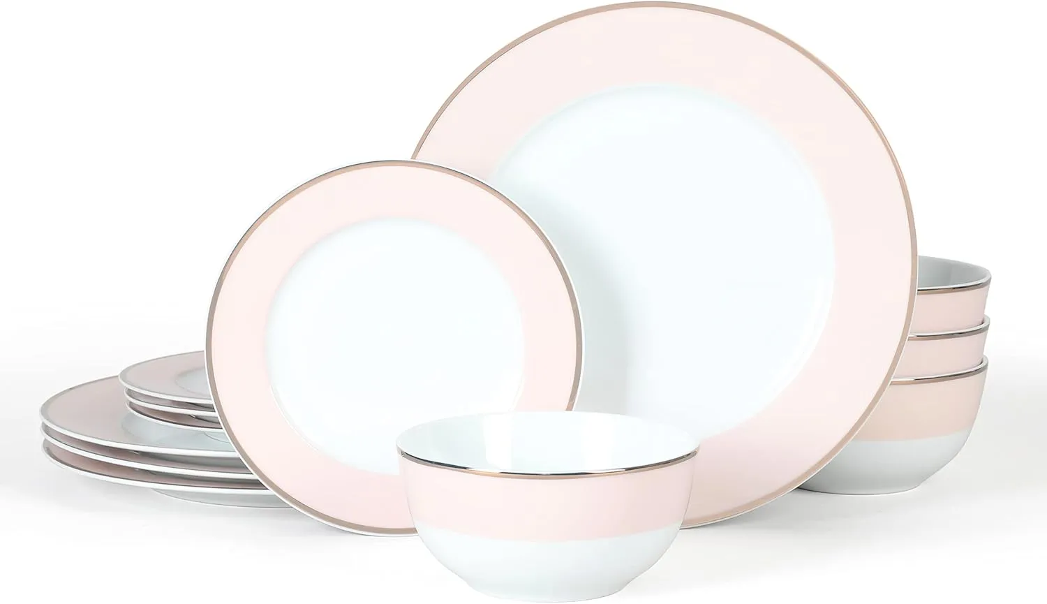 Martha Stewart Gracie Lane 12 pc Porcelain Decorated Dinnerware Set - Pink w/Gold Rim, Service for 4 (12pcs)