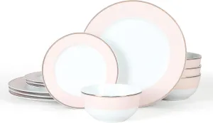 Martha Stewart Gracie Lane 12 pc Porcelain Decorated Dinnerware Set - Pink w/Gold Rim, Service for 4 (12pcs)