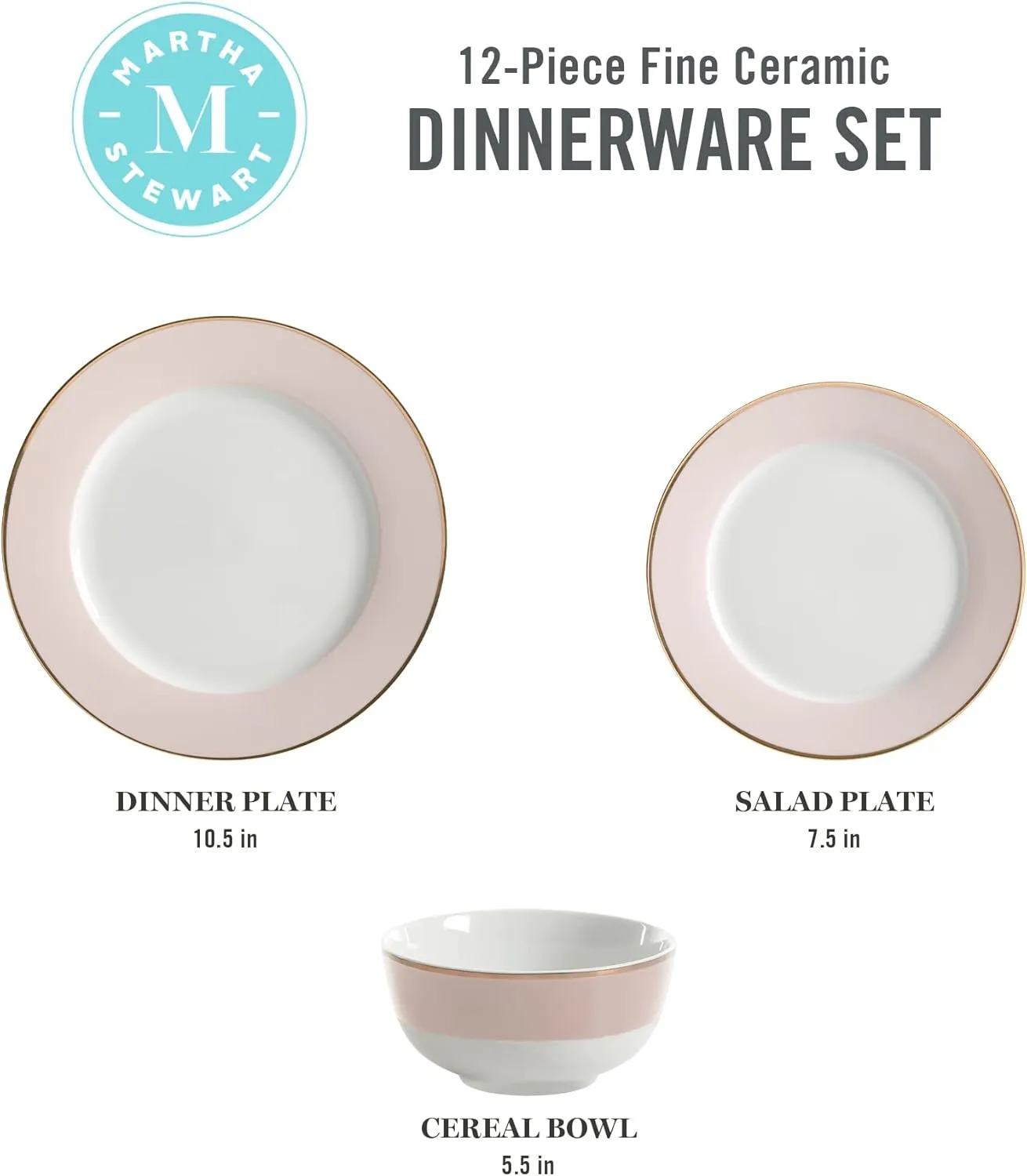 Martha Stewart Gracie Lane 12 pc Porcelain Decorated Dinnerware Set - Pink w/Gold Rim, Service for 4 (12pcs)