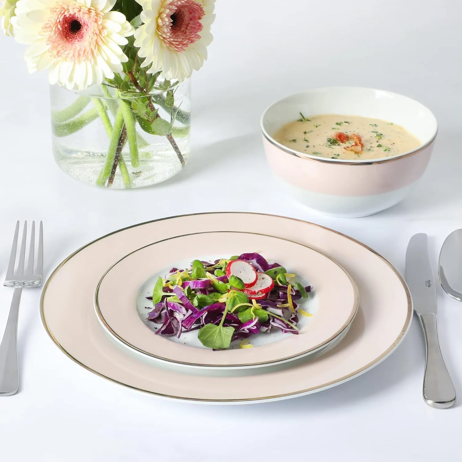 Martha Stewart Gracie Lane 12 pc Porcelain Decorated Dinnerware Set - Pink w/Gold Rim, Service for 4 (12pcs)